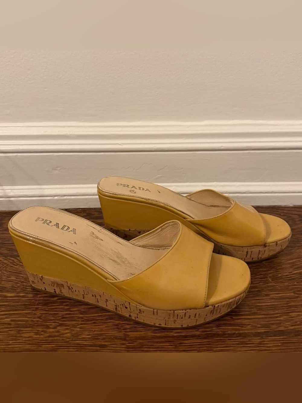 Vintage Prada Yellow Leather Cork Platform Wedge Mules